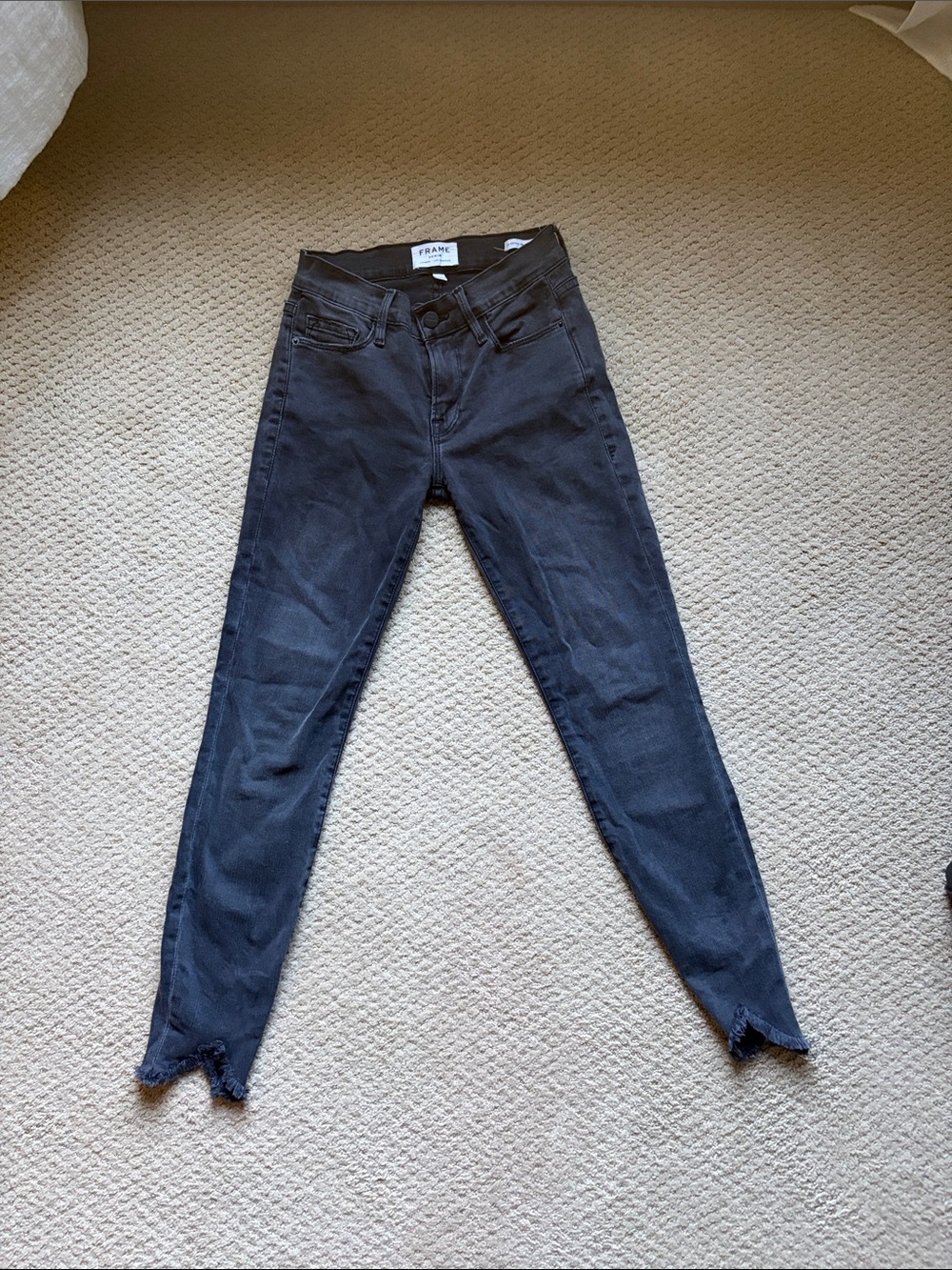 Frame Denim Charcoal High-Rise Skinny Jeans with Raw Hem